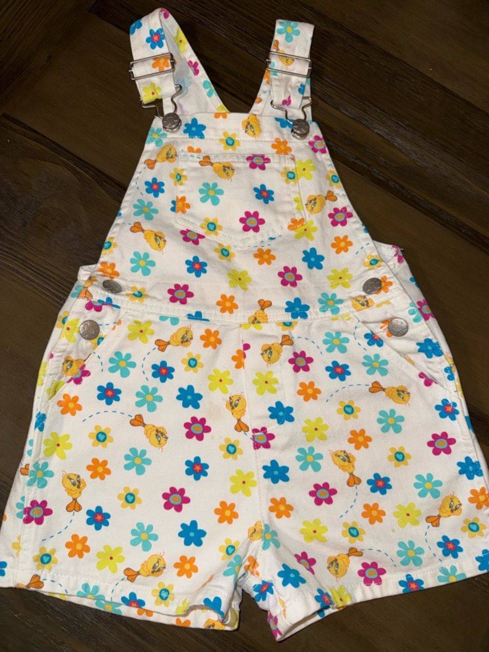Warner Bros. White Floral Tweety Bird Short Overalls